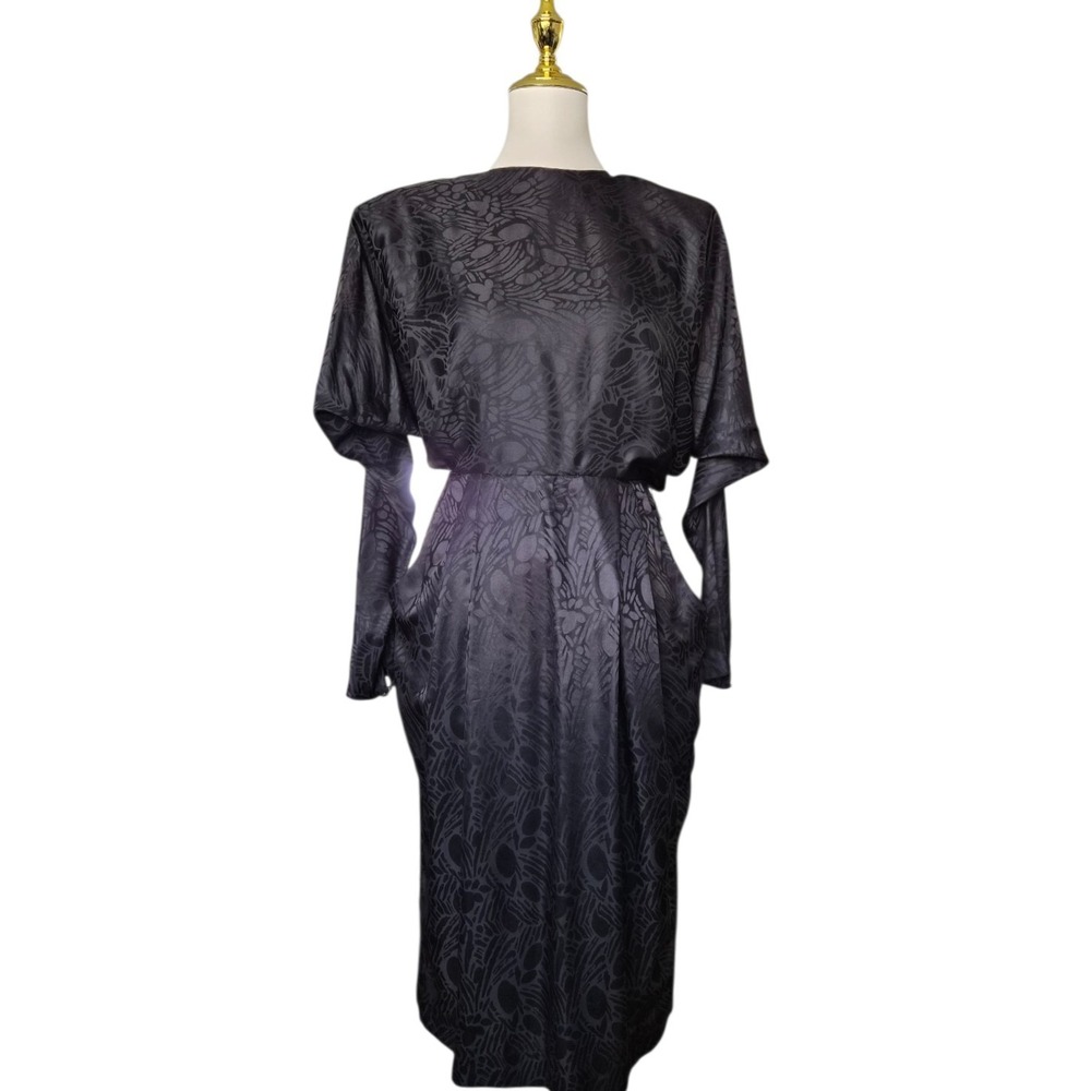 Vintage Lauren Alexandra 100% Silk Dress Black‎ Jacquard Open Back Dolman Sleeve